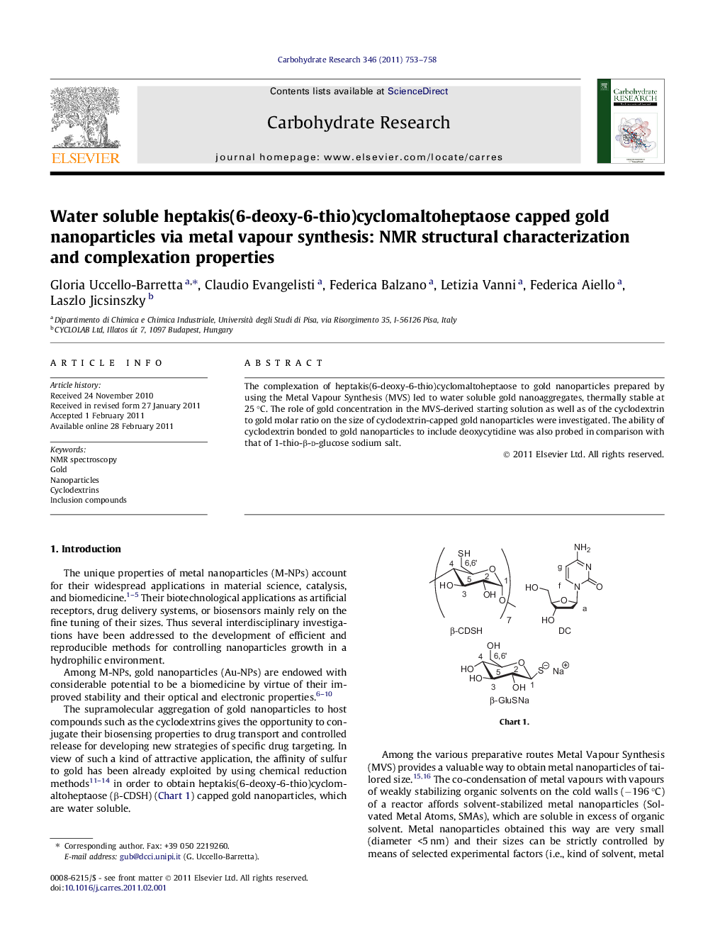 Water soluble heptakis(6-deoxy-6-thio)cyclomaltoheptaose capped gold nanoparticles via metal vapour synthesis: NMR structural characterization and complexation properties