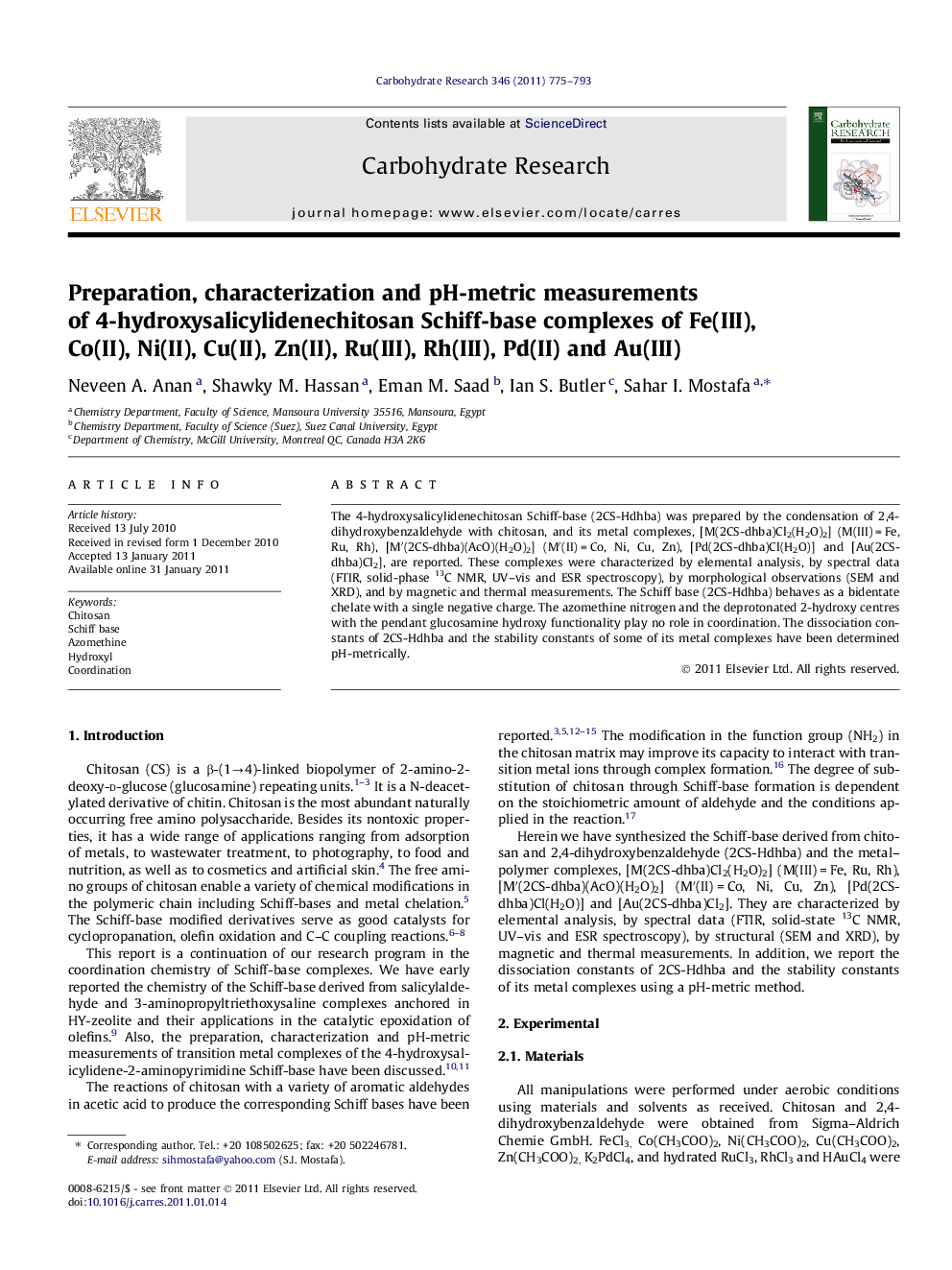 Preparation, characterization and pH-metric measurements of 4-hydroxysalicylidenechitosan Schiff-base complexes of Fe(III), Co(II), Ni(II), Cu(II), Zn(II), Ru(III), Rh(III), Pd(II) and Au(III)