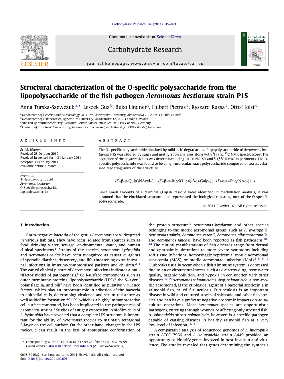 Structural characterization of the O-specific polysaccharide from the lipopolysaccharide of the fish pathogen Aeromonas bestiarum strain P1S