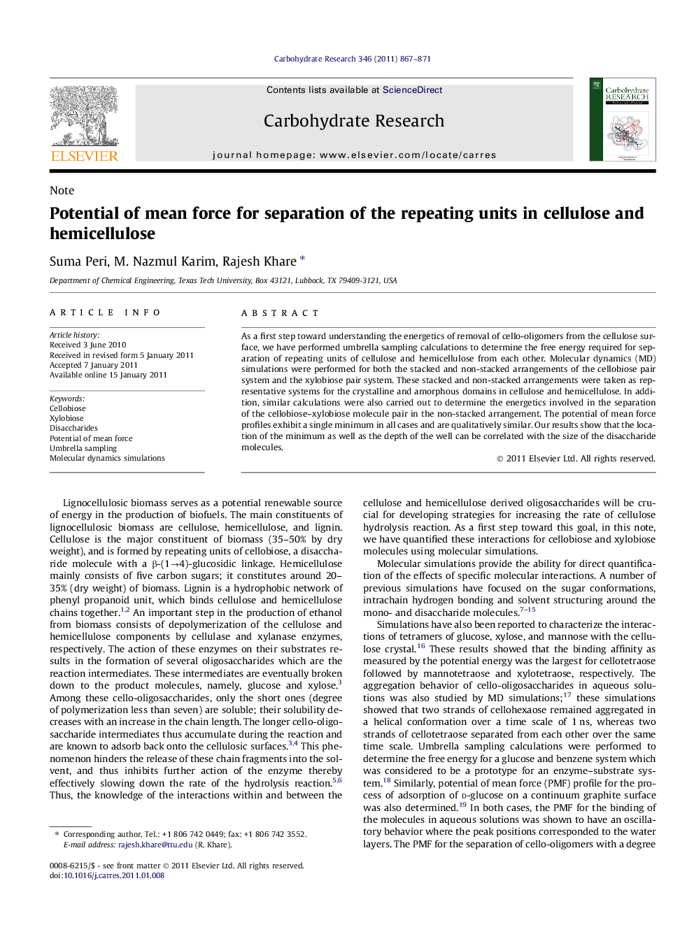 Potential of mean force for separation of the repeating units in cellulose and hemicellulose