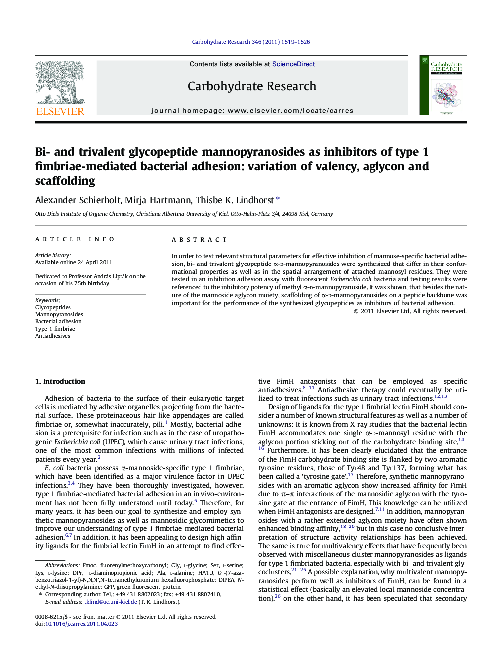 Bi- and trivalent glycopeptide mannopyranosides as inhibitors of type 1 fimbriae-mediated bacterial adhesion: variation of valency, aglycon and scaffolding