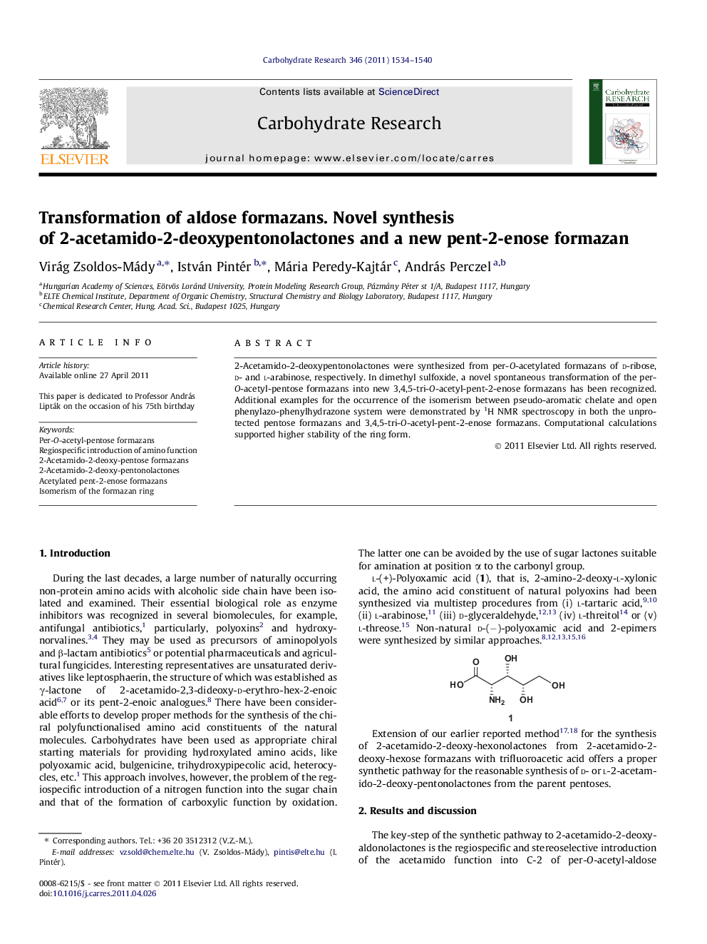 عکس صفحه اول مقاله: Transformation of aldose formazans. Novel synthesis of 2-acetamido-2-deoxypentonolactones and a new pent-2-enose formazan Transformation of aldose formazans. Novel synthesis of 2-acetamido-2-deoxypentonolactones and a new pent-2-enose formazan