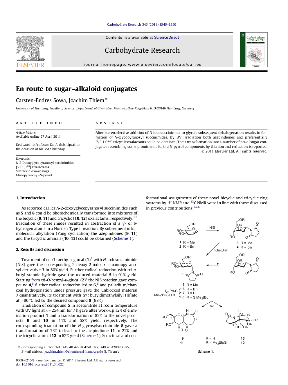 عکس صفحه اول مقاله: En route to sugar-alkaloid conjugates En route to sugar-alkaloid conjugates