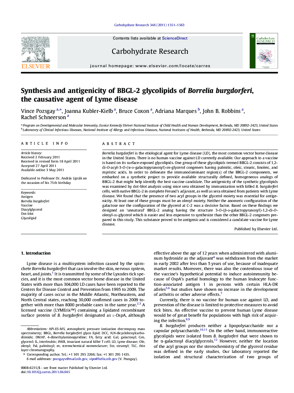 Synthesis and antigenicity of BBGL-2 glycolipids of Borrelia burgdorferi, the causative agent of Lyme disease