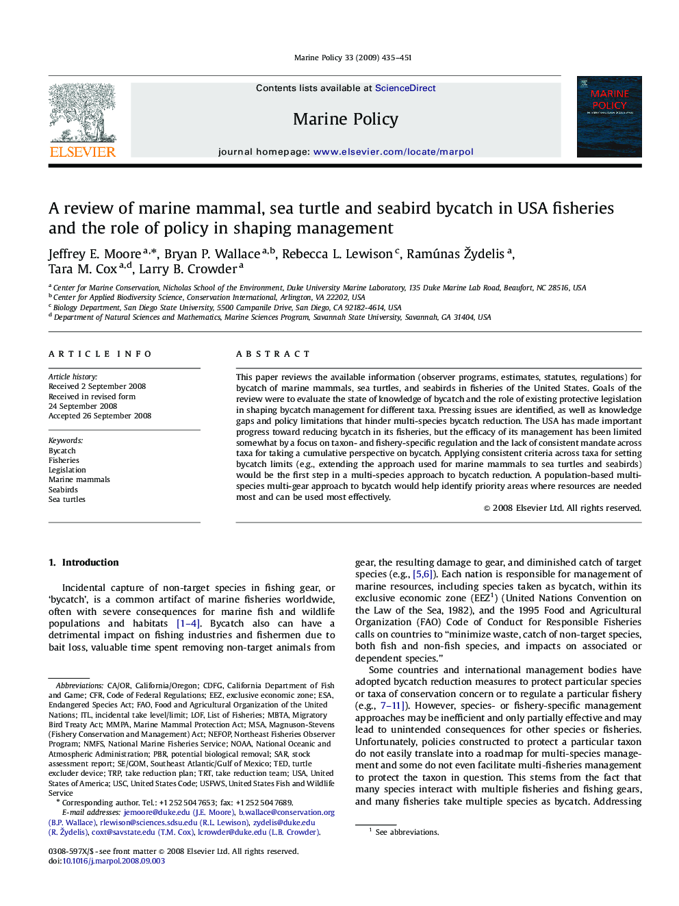 A review of marine mammal, sea turtle and seabird bycatch in USA fisheries and the role of policy in shaping management