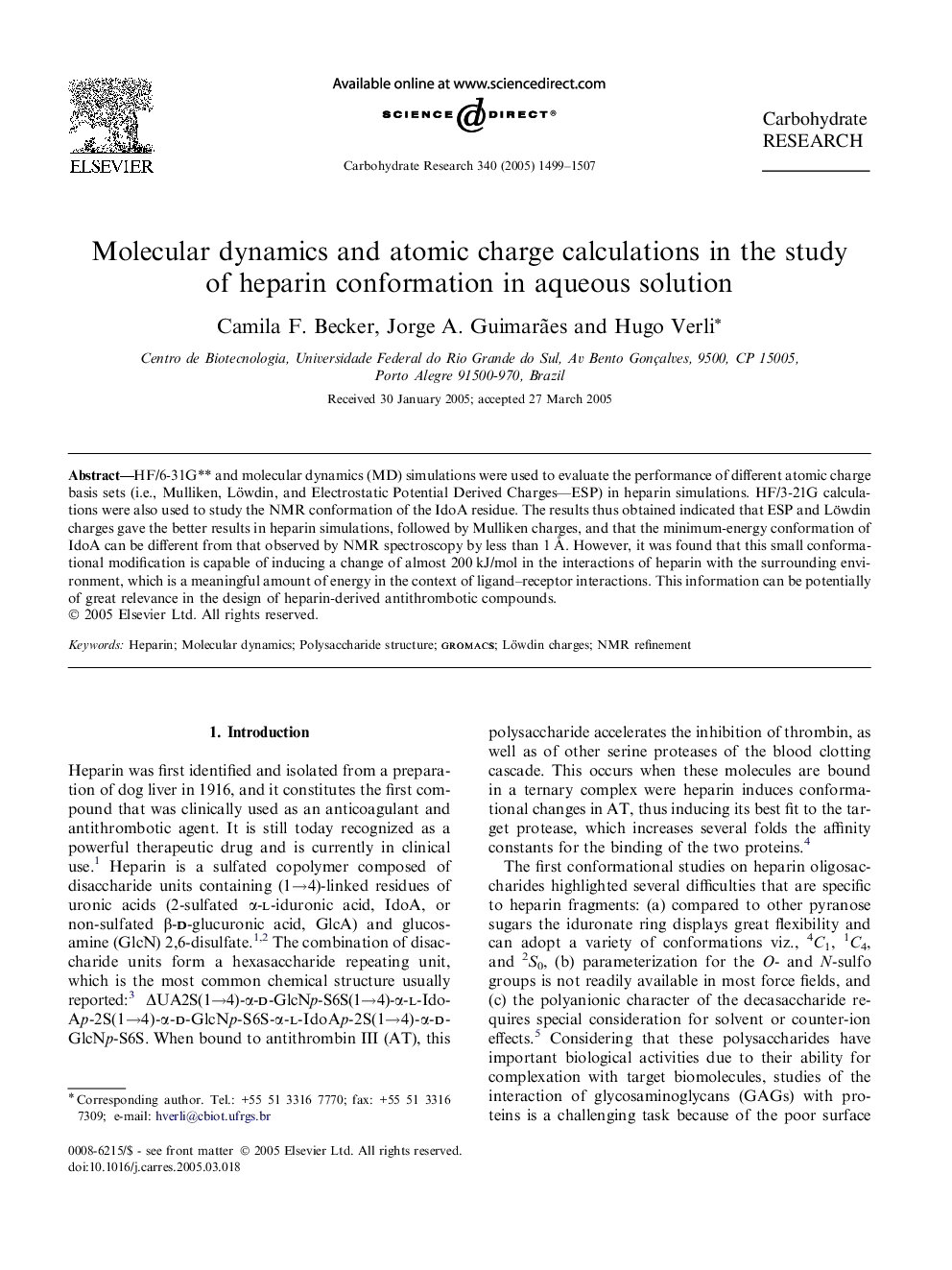 Molecular dynamics and atomic charge calculations in the study of heparin conformation in aqueous solution