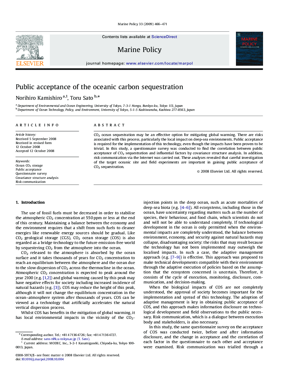 Public acceptance of the oceanic carbon sequestration