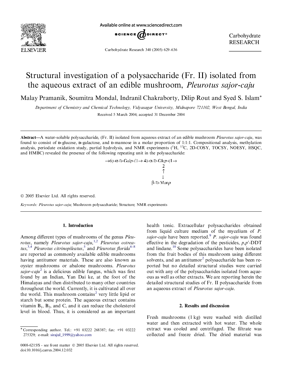 Structural investigation of a polysaccharide (Fr. II) isolated from the aqueous extract of an edible mushroom, Pleurotus sajor-caju