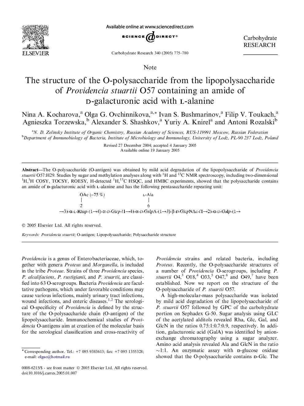 The structure of the O-polysaccharide from the lipopolysaccharide of Providencia stuartii O57 containing an amide of d-galacturonic acid with l-alanine