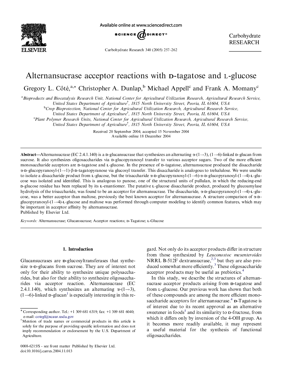 Alternansucrase acceptor reactions with d-tagatose and l-glucose