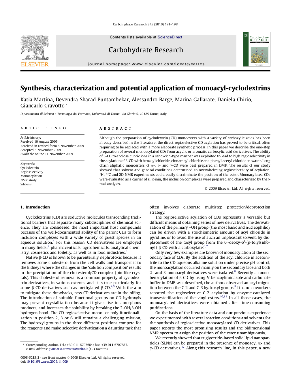 Synthesis, characterization and potential application of monoacyl-cyclodextrins