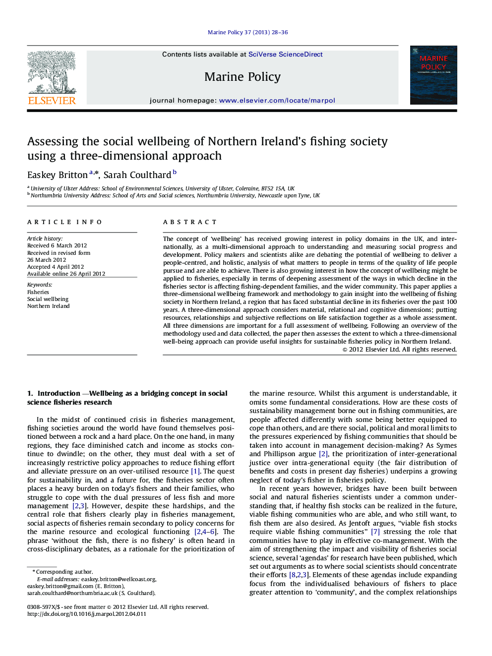 Assessing the social wellbeing of Northern Ireland's fishing society using a three-dimensional approach