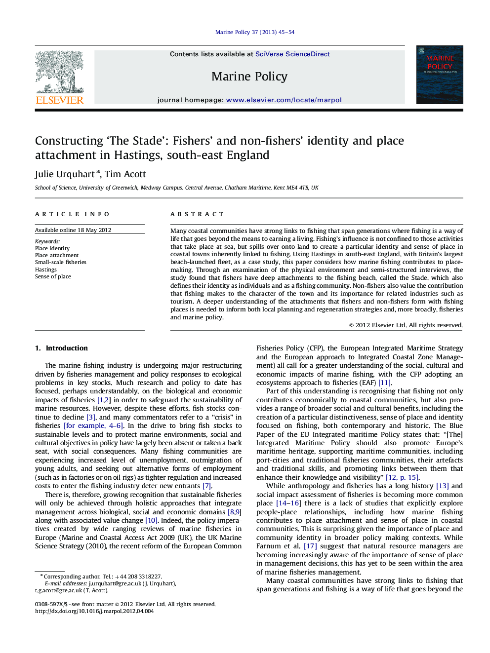 Constructing ‘The Stade’: Fishers' and non-fishers' identity and place attachment in Hastings, south-east England