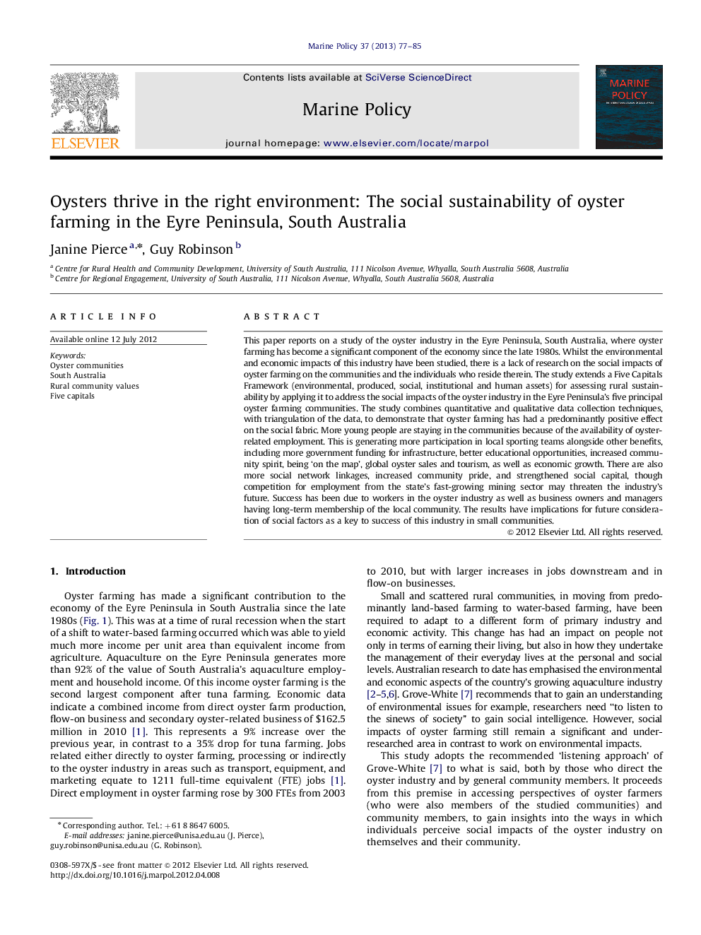 Oysters thrive in the right environment: The social sustainability of oyster farming in the Eyre Peninsula, South Australia