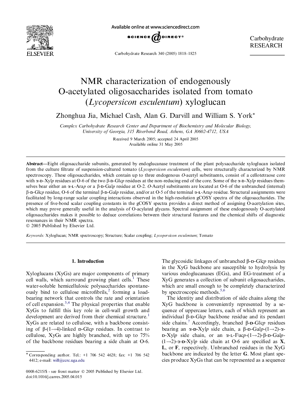 NMR characterization of endogenously O-acetylated oligosaccharides isolated from tomato (Lycopersicon esculentum) xyloglucan