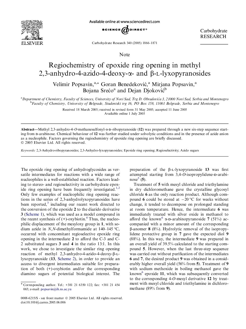 Regiochemistry of epoxide ring opening in methyl 2,3-anhydro-4-azido-4-deoxy-Î±- and Î²-l-lyxopyranosides