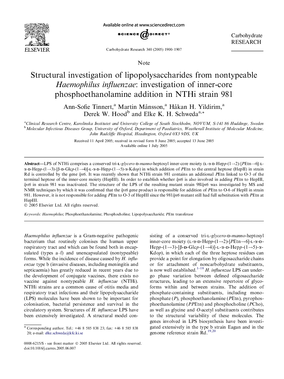 Structural investigation of lipopolysaccharides from nontypeable Haemophilus influenzae: investigation of inner-core phosphoethanolamine addition in NTHi strain 981