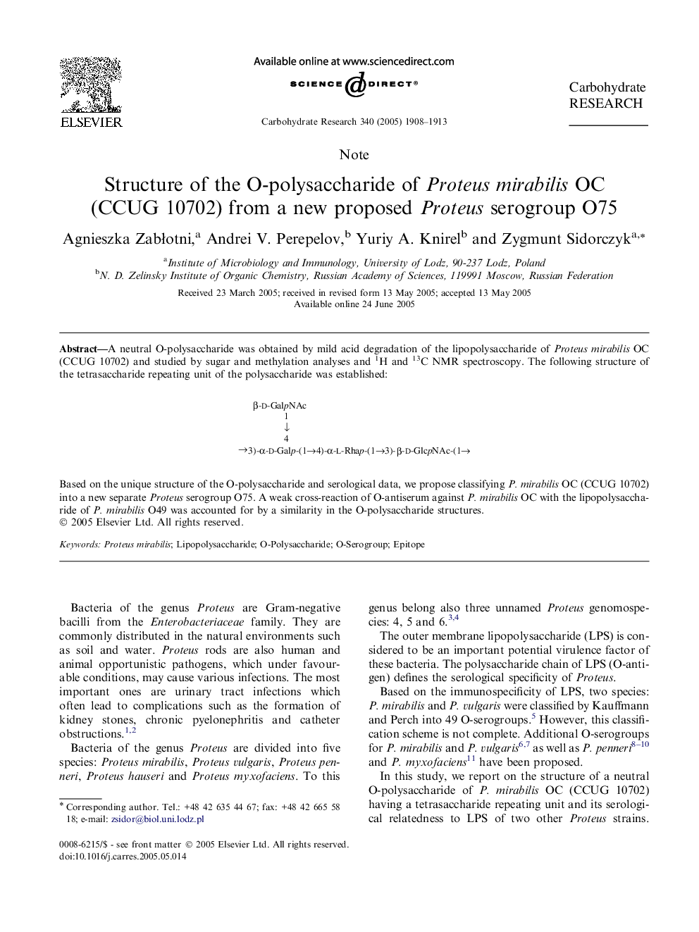 Structure of the O-polysaccharide of Proteus mirabilis OC (CCUG 10702) from a new proposed Proteus serogroup O75