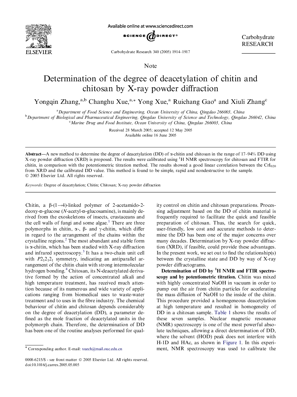 Determination of the degree of deacetylation of chitin and chitosan by X-ray powder diffraction