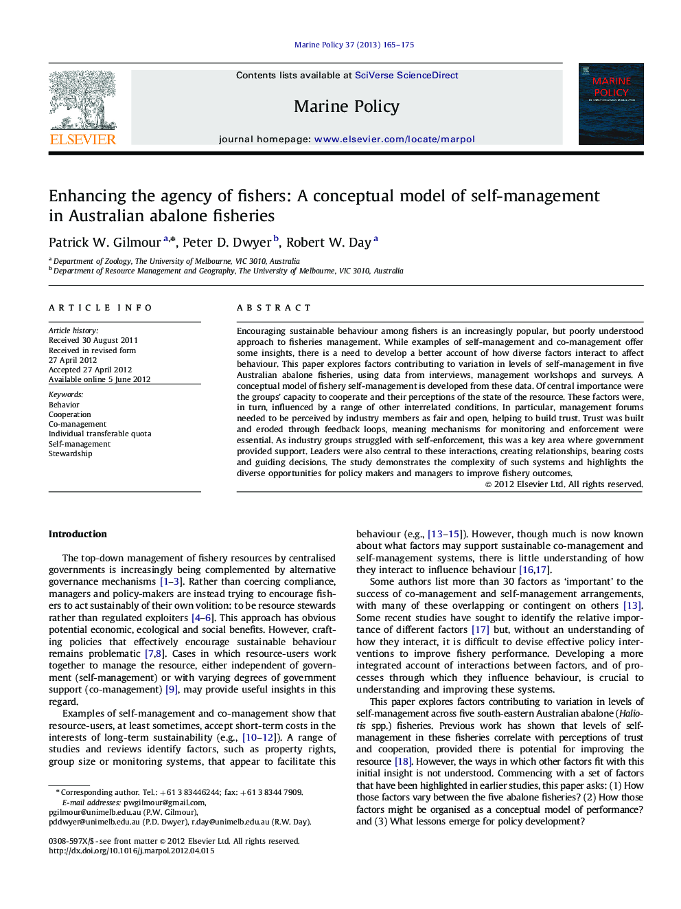 Enhancing the agency of fishers: A conceptual model of self-management in Australian abalone fisheries