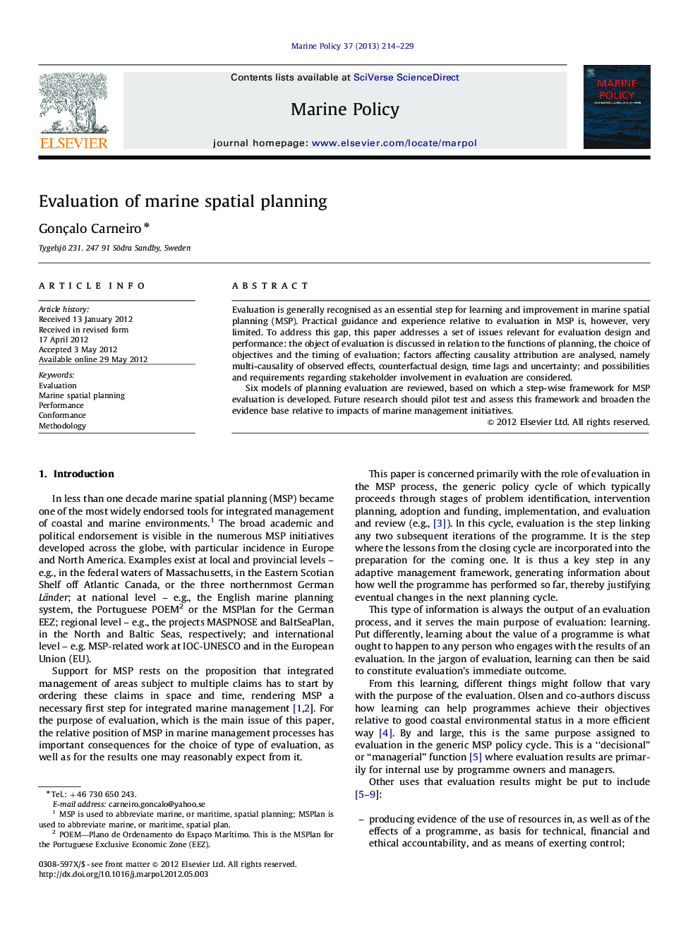 Evaluation of marine spatial planning