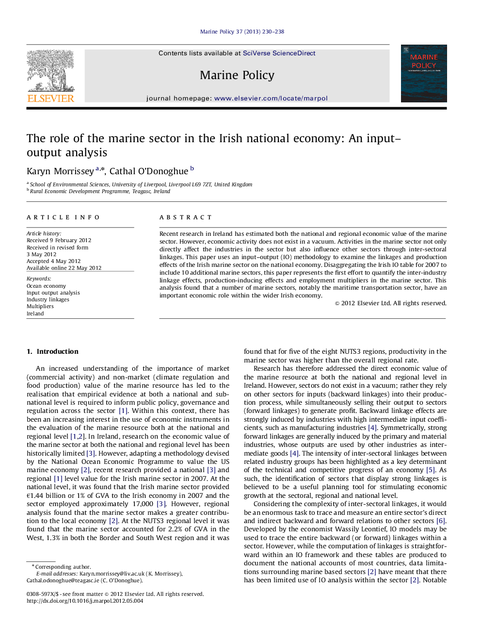 The role of the marine sector in the Irish national economy: An input–output analysis