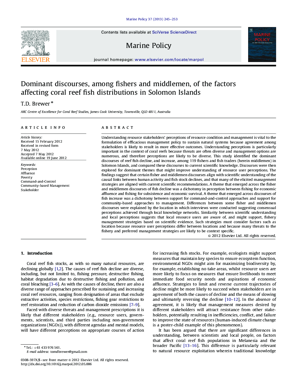 Dominant discourses, among fishers and middlemen, of the factors affecting coral reef fish distributions in Solomon Islands