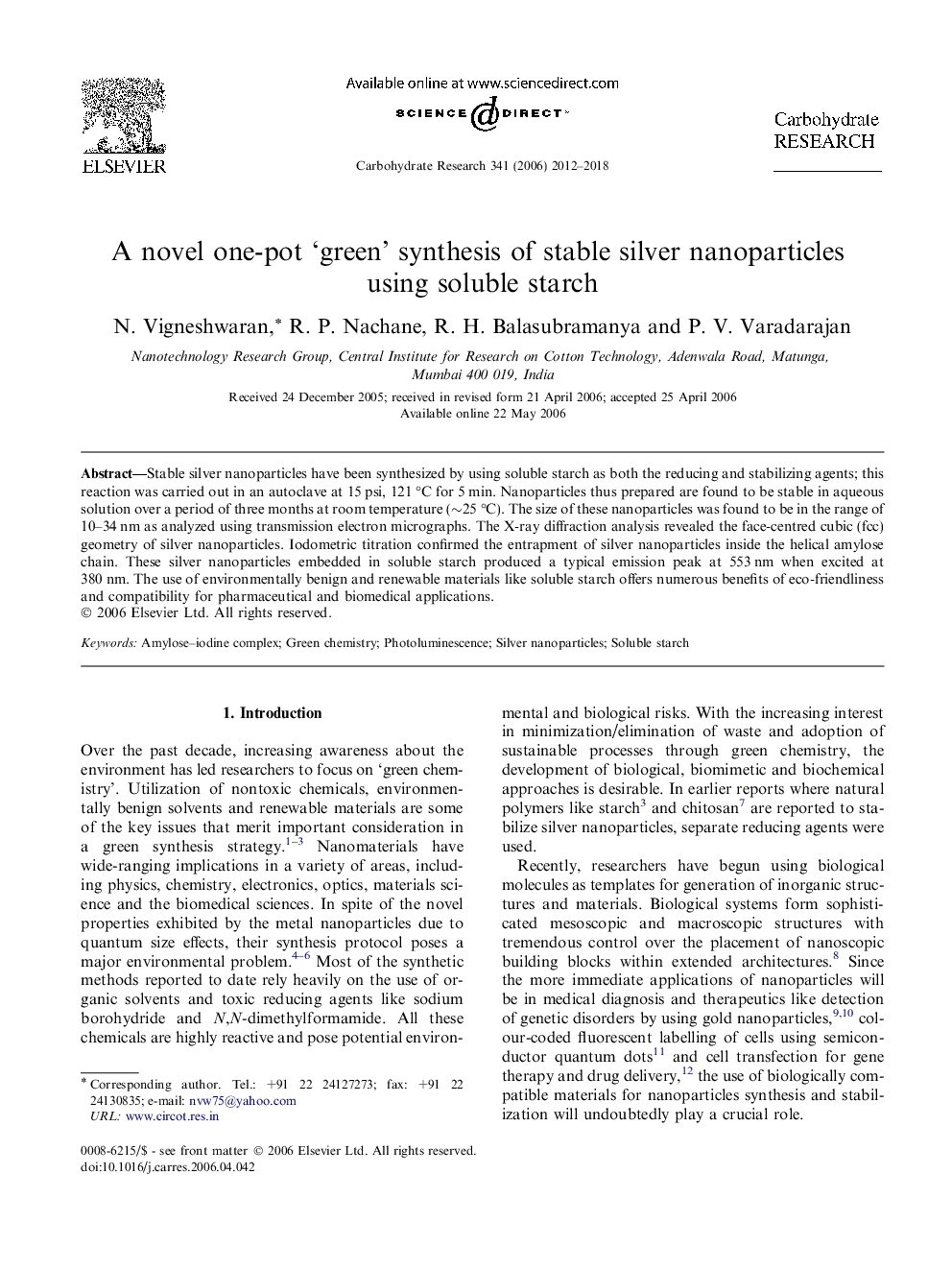 یک سنتز یک گلدان سبز جدید از نانوذرات پایدار نقره با استفاده از نشاسته محلول