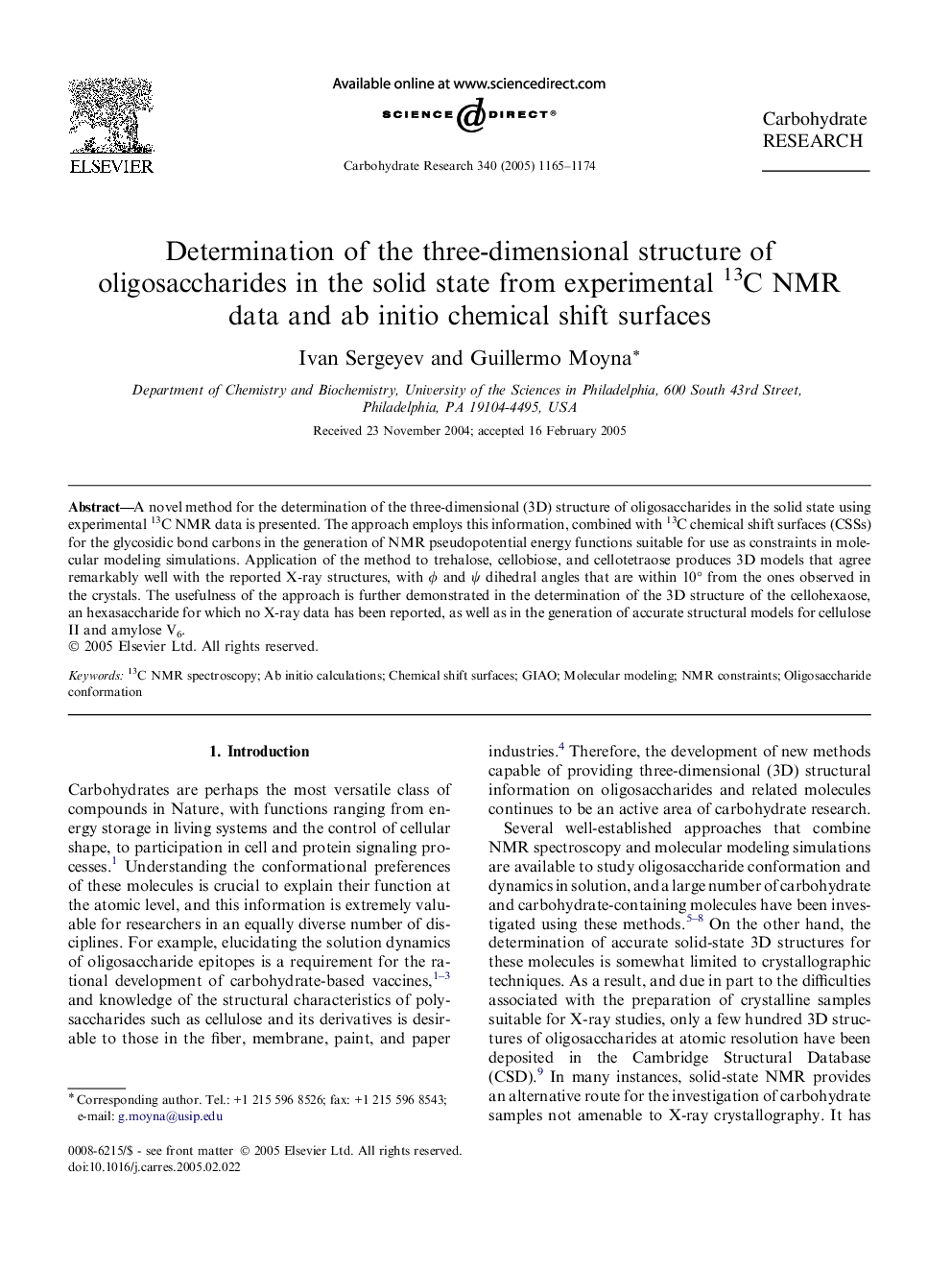 عکس صفحه اول مقاله: Determination of the three-dimensional structure of oligosaccharides in the solid state from experimental 13C NMR data and ab initio chemical shift surfaces Determination of the three-dimensional structure of oligosaccharides in the solid state from experimental 13C NMR data and ab initio chemical shift surfaces