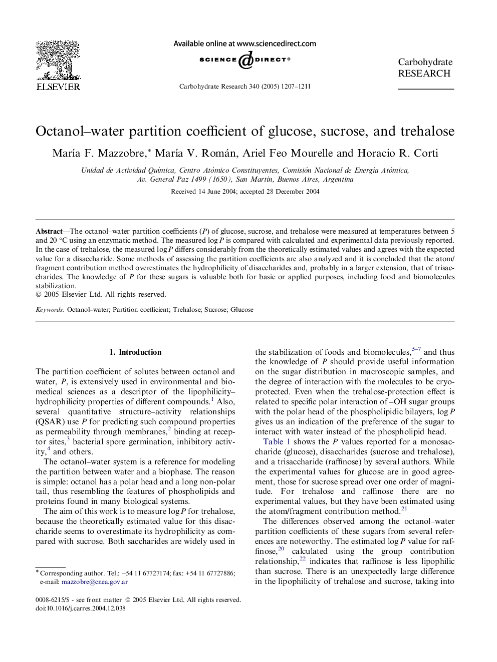 Octanol-water partition coefficient of glucose, sucrose, and trehalose