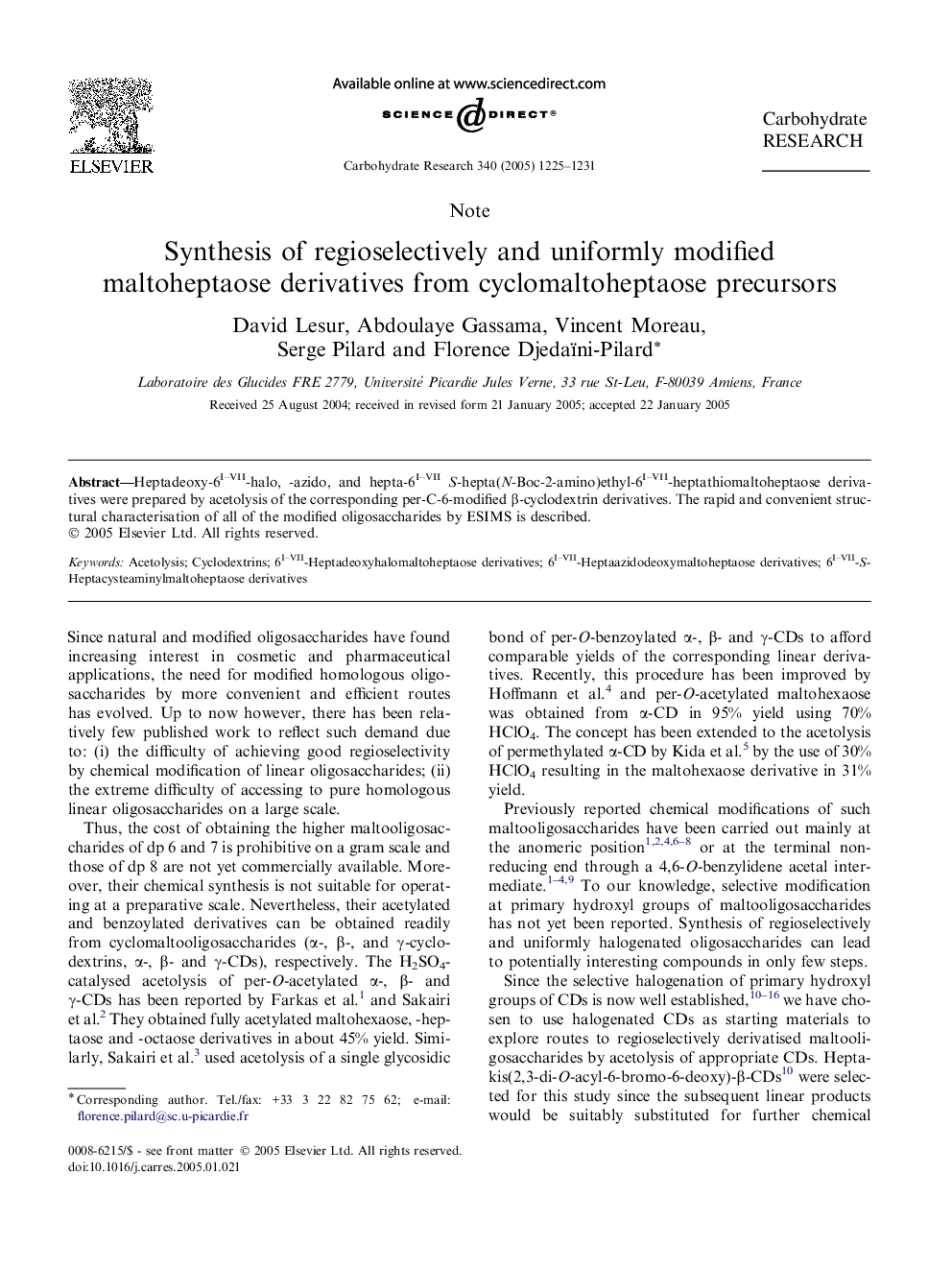 Synthesis of regioselectively and uniformly modified maltoheptaose derivatives from cyclomaltoheptaose precursors