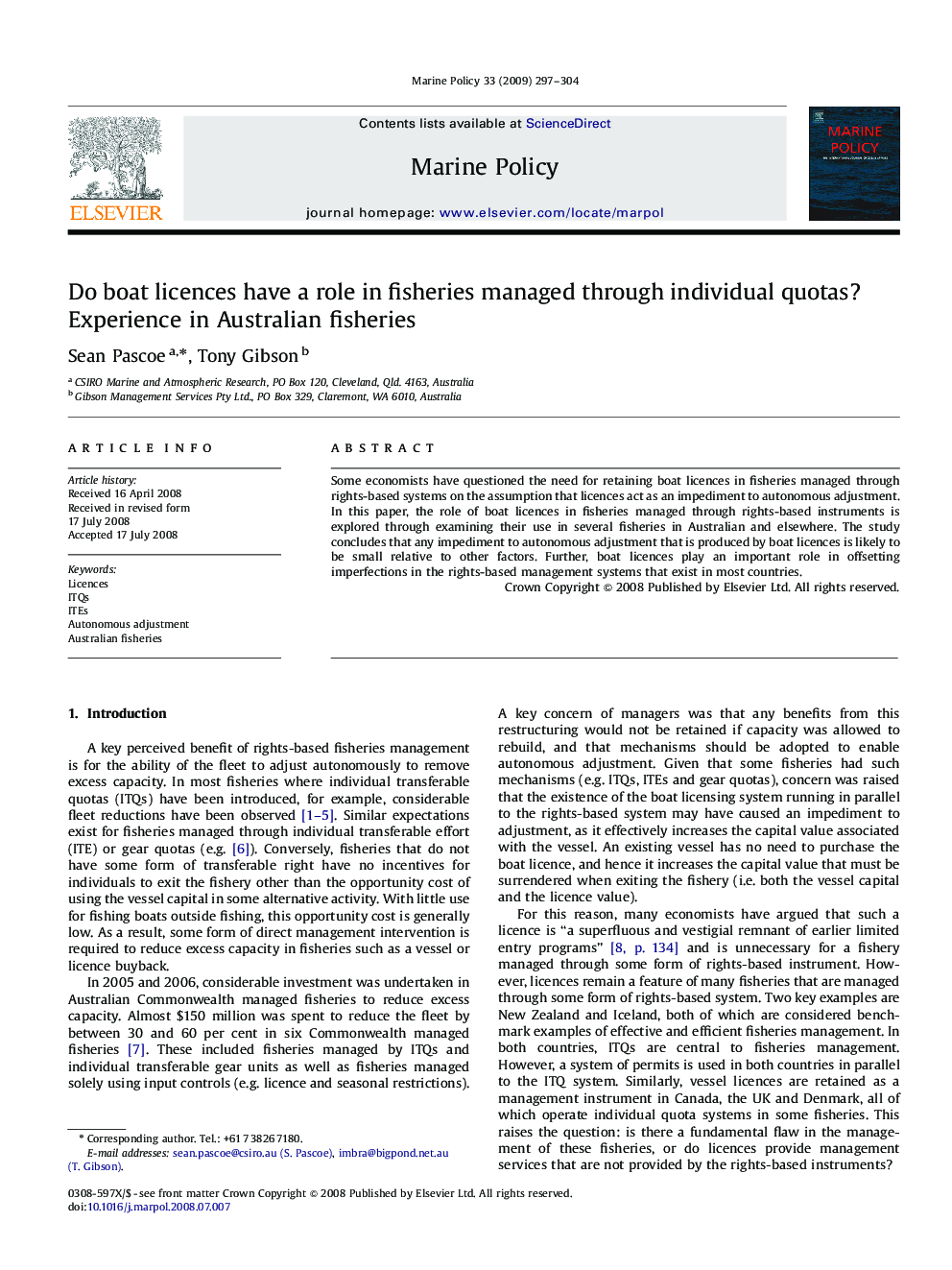 Do boat licences have a role in fisheries managed through individual quotas? Experience in Australian fisheries