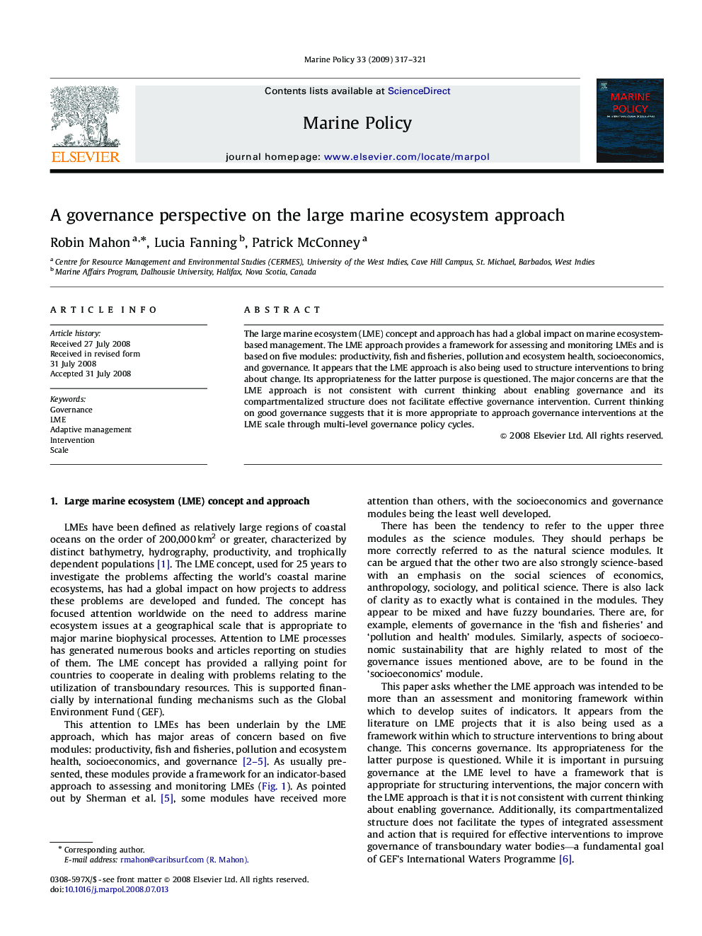 A governance perspective on the large marine ecosystem approach