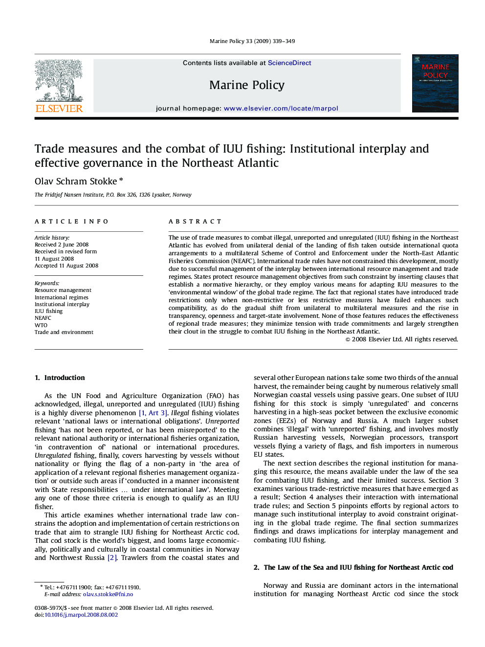 Trade measures and the combat of IUU fishing: Institutional interplay and effective governance in the Northeast Atlantic