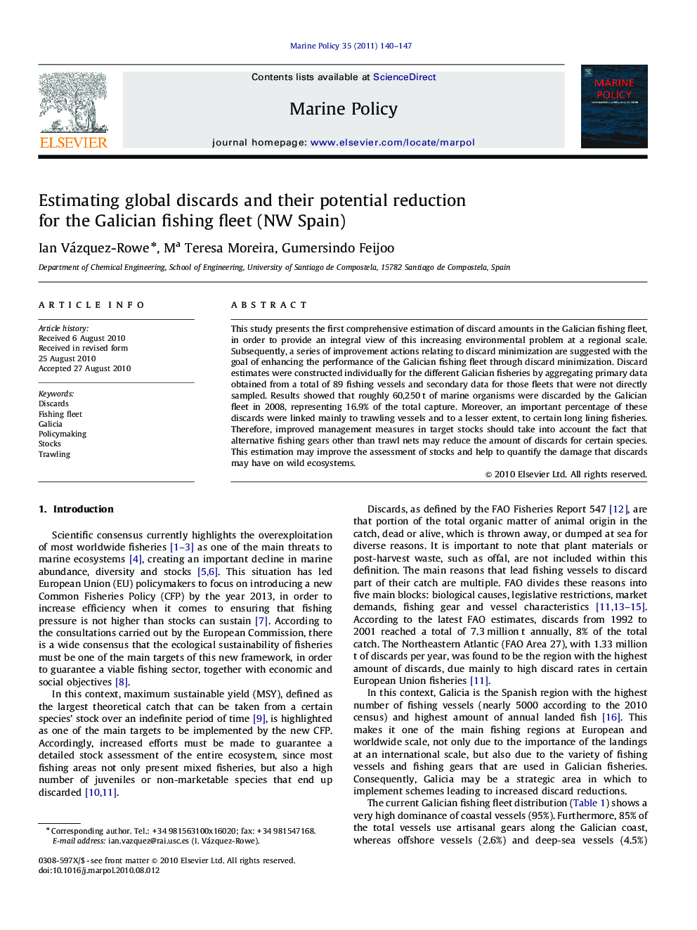 Estimating global discards and their potential reduction for the Galician fishing fleet (NW Spain)