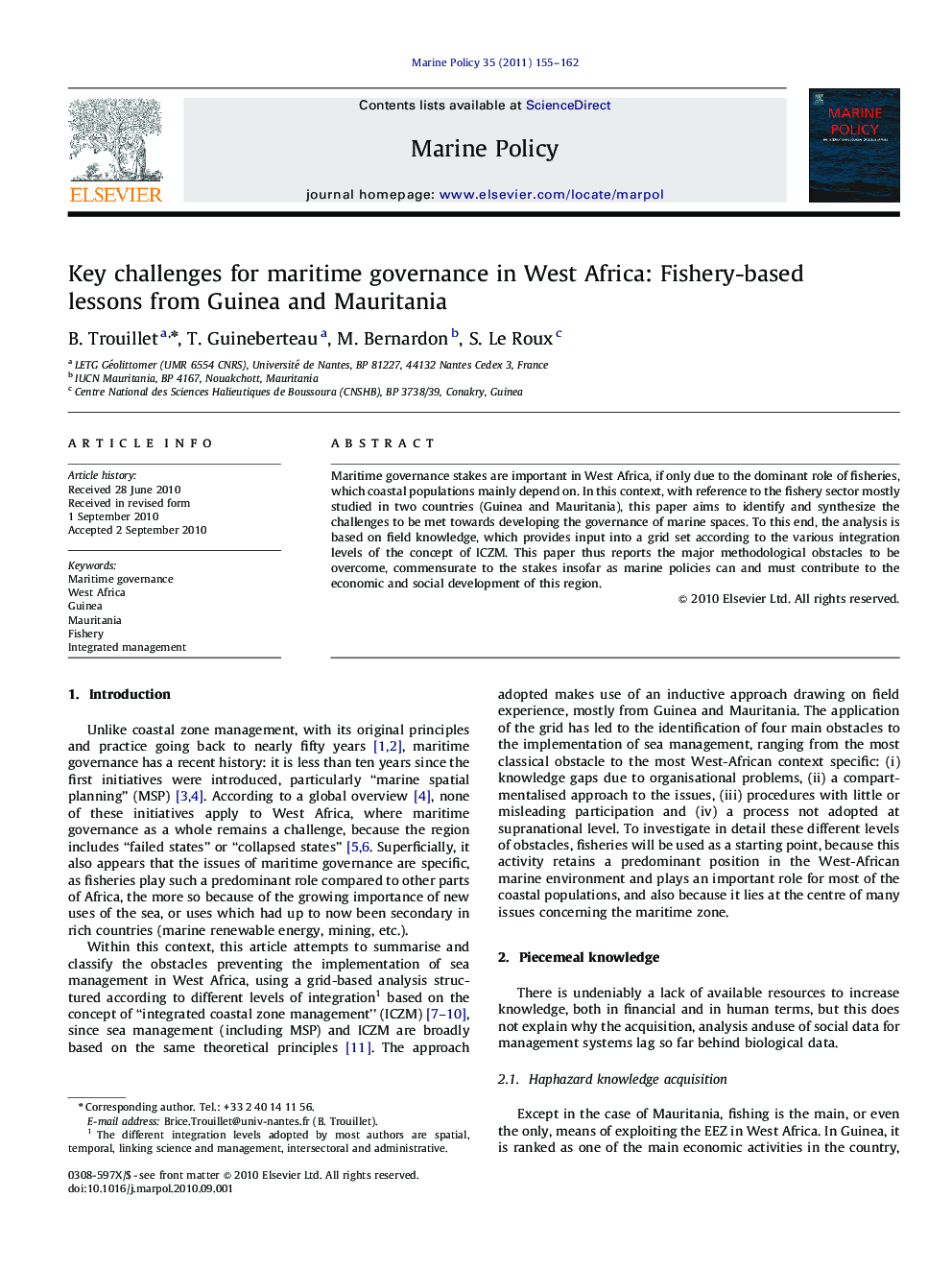 Key challenges for maritime governance in West Africa: Fishery-based lessons from Guinea and Mauritania