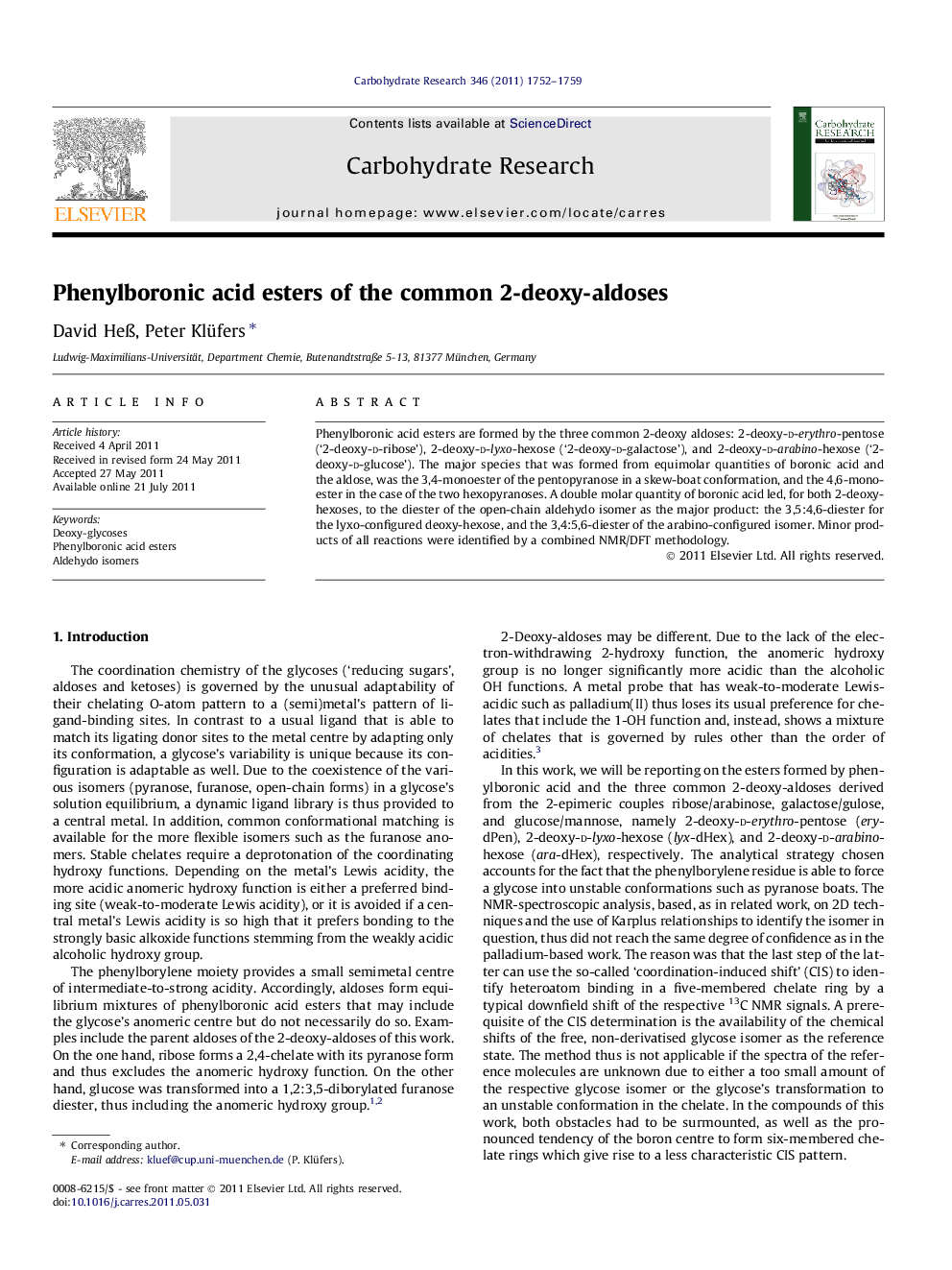 عکس صفحه اول مقاله: Phenylboronic acid esters of the common 2-deoxy-aldoses Phenylboronic acid esters of the common 2-deoxy-aldoses