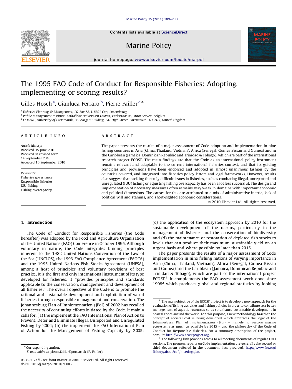 The 1995 FAO Code of Conduct for Responsible Fisheries: Adopting, implementing or scoring results?