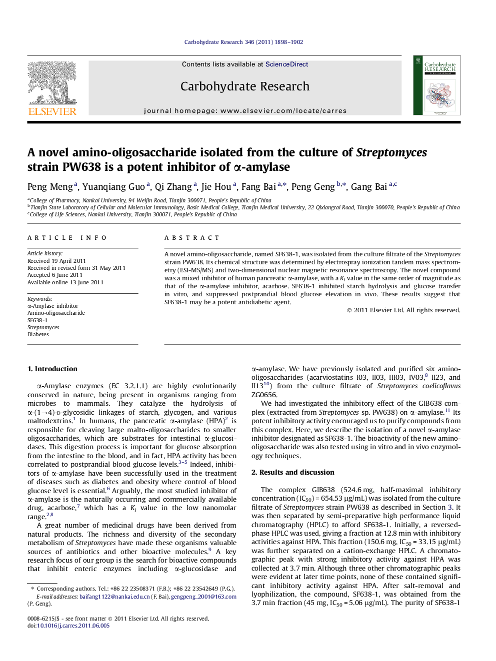 A novel amino-oligosaccharide isolated from the culture of Streptomyces strain PW638 is a potent inhibitor of Î±-amylase