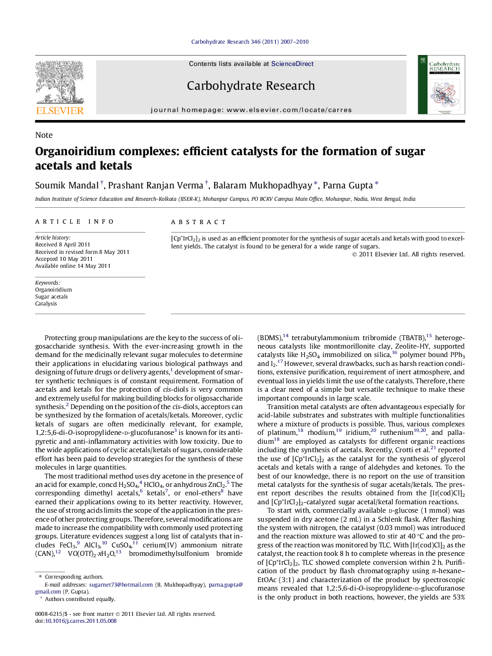 Organoiridium complexes: efficient catalysts for the formation of sugar acetals and ketals