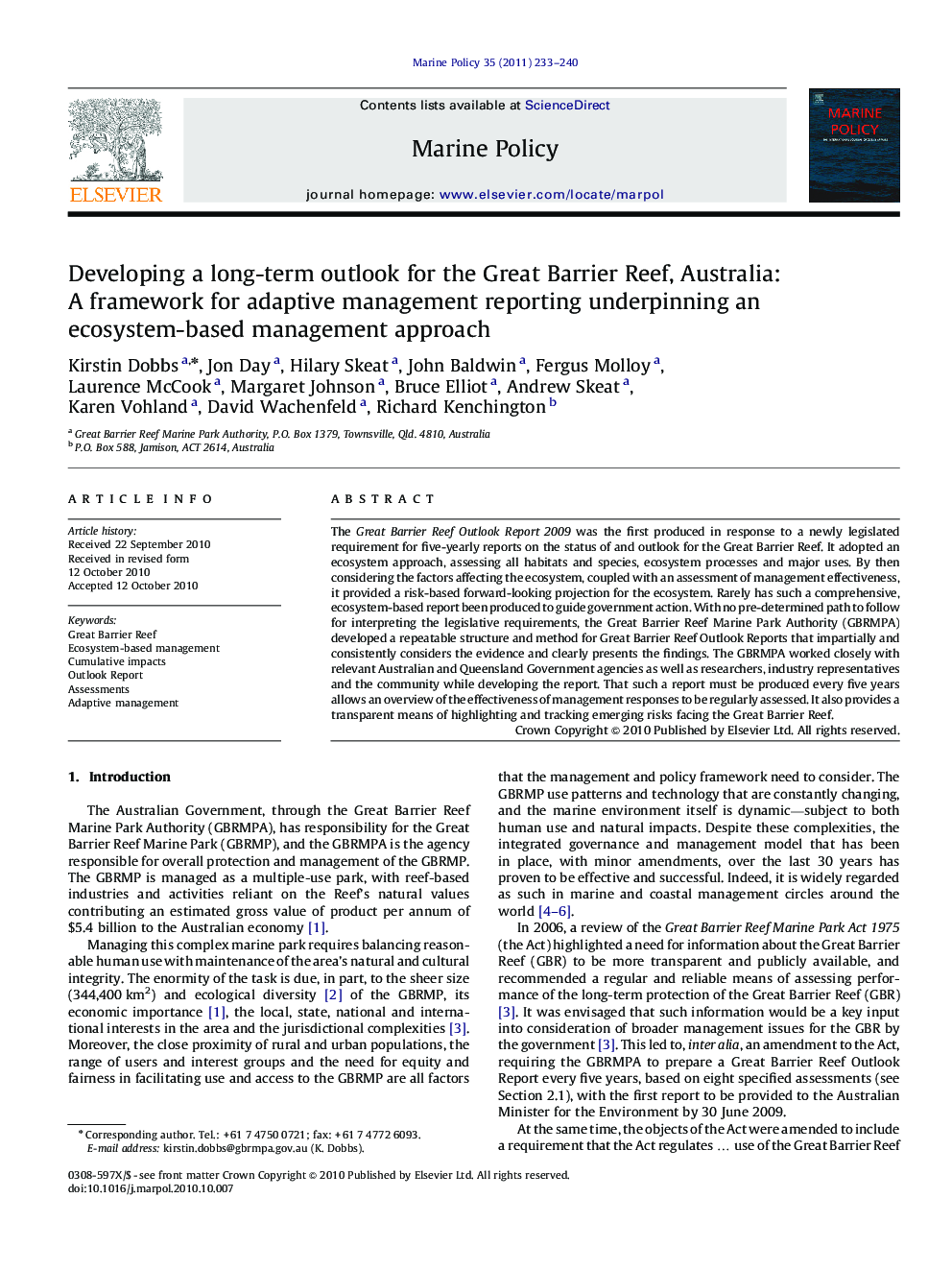 Developing a long-term outlook for the Great Barrier Reef, Australia: A framework for adaptive management reporting underpinning an ecosystem-based management approach