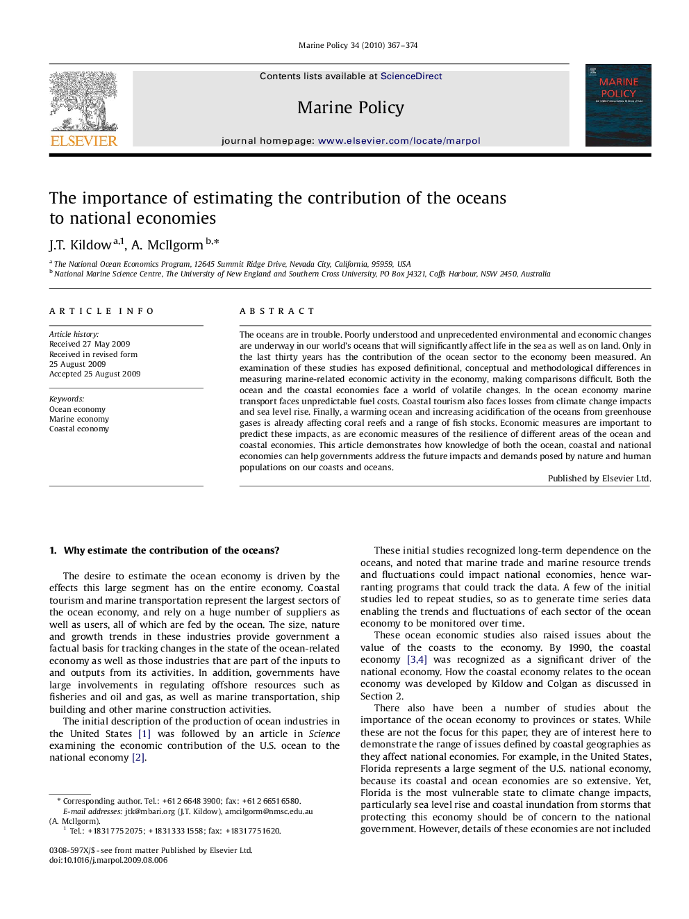 The importance of estimating the contribution of the oceans to national economies