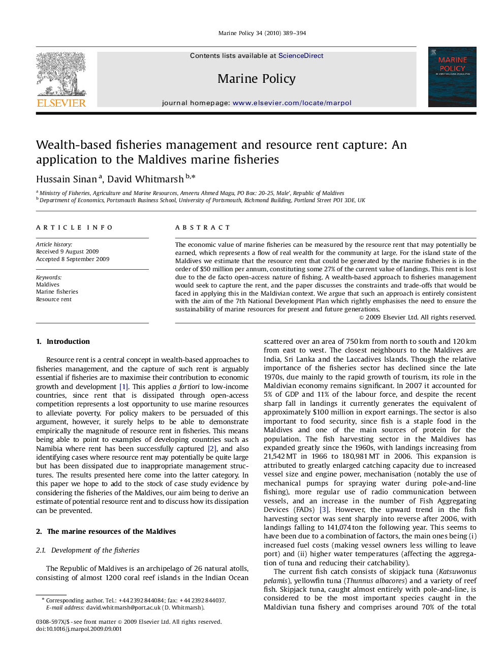 Wealth-based fisheries management and resource rent capture: An application to the Maldives marine fisheries