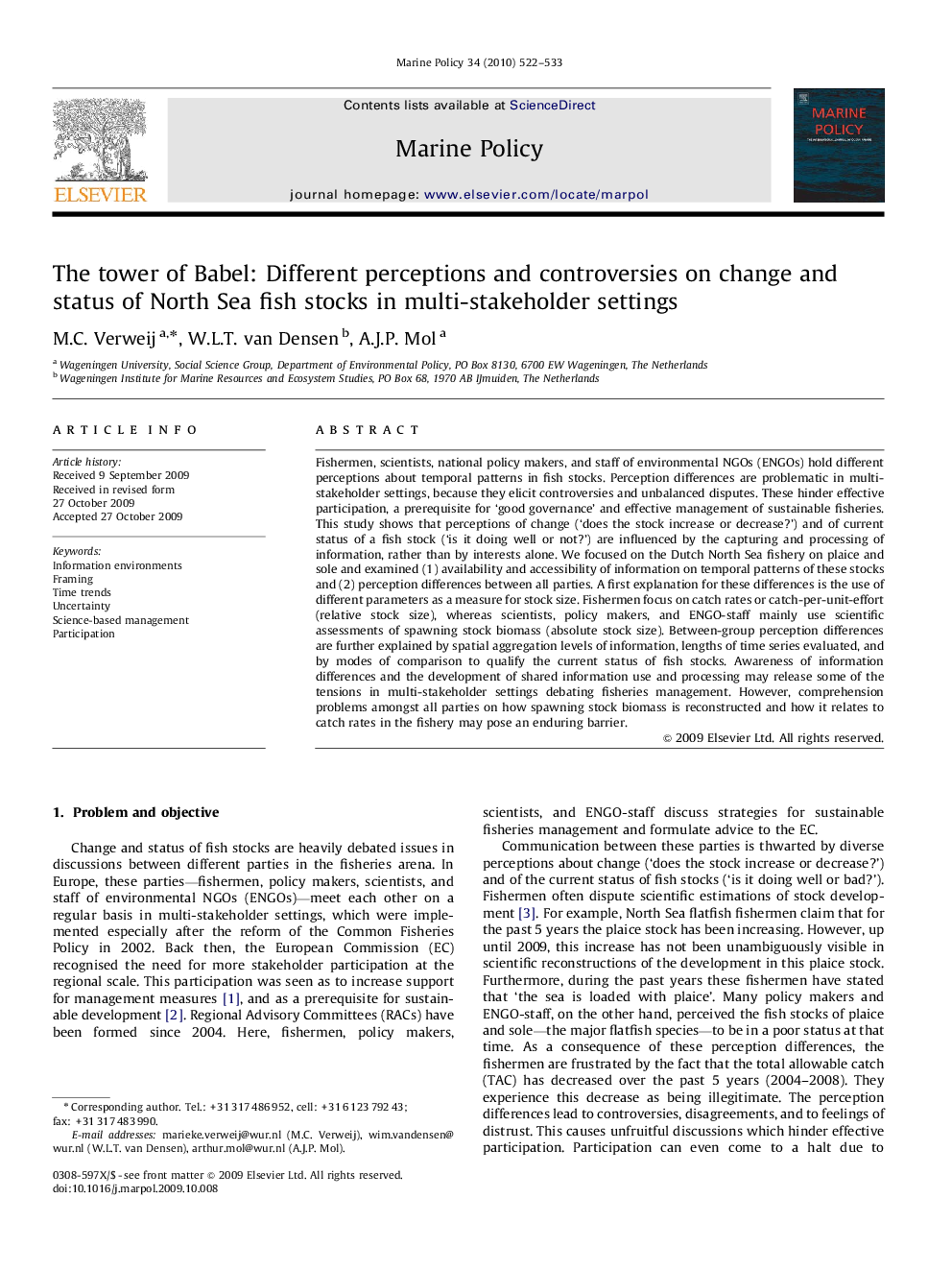 The tower of Babel: Different perceptions and controversies on change and status of North Sea fish stocks in multi-stakeholder settings