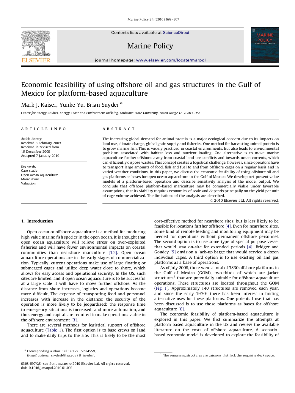 Economic feasibility of using offshore oil and gas structures in the Gulf of Mexico for platform-based aquaculture