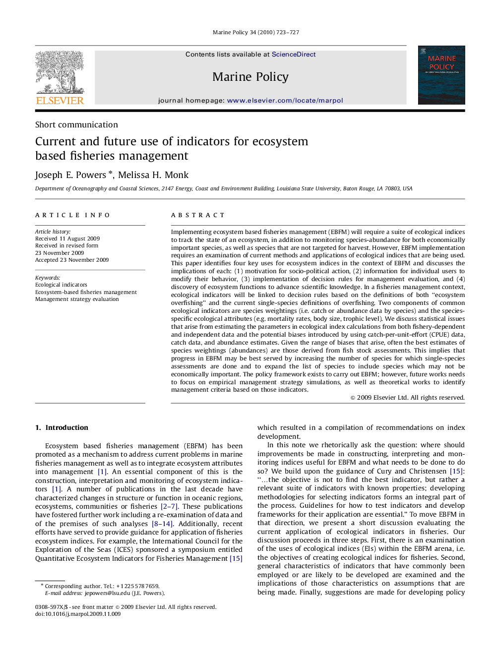 Current and future use of indicators for ecosystem based fisheries management