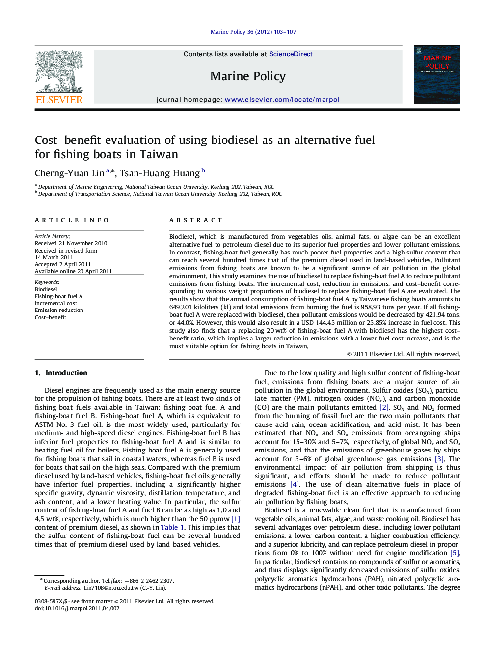 Cost-benefit evaluation of using biodiesel as an alternative fuel for fishing boats in Taiwan