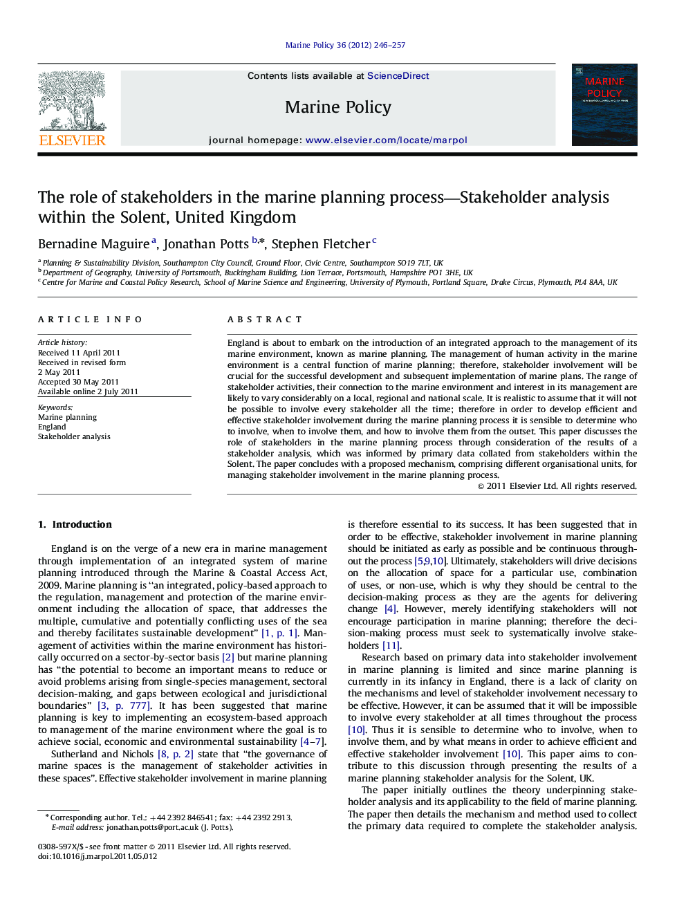 The role of stakeholders in the marine planning process—Stakeholder analysis within the Solent, United Kingdom