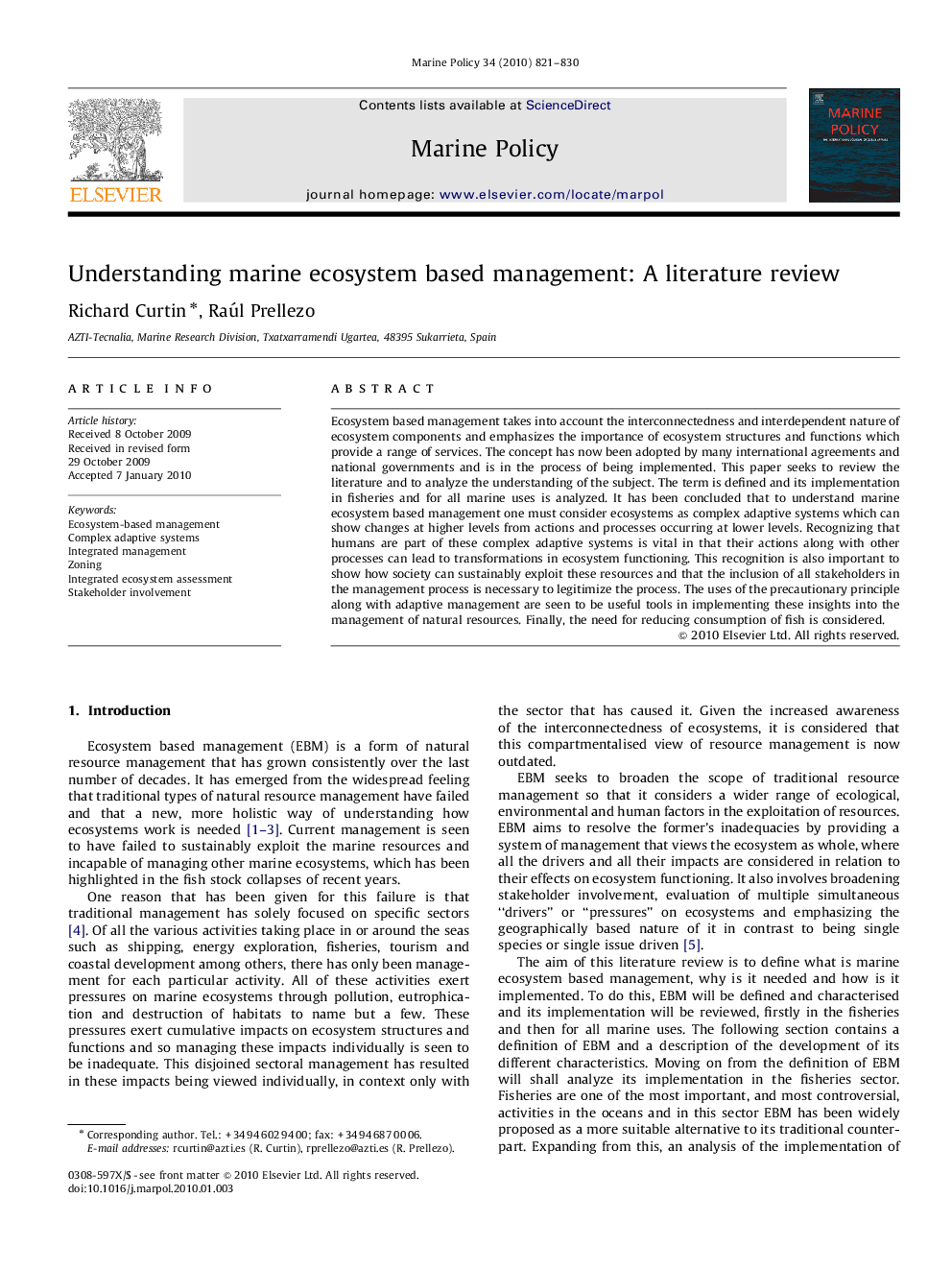 Understanding marine ecosystem based management: A literature review