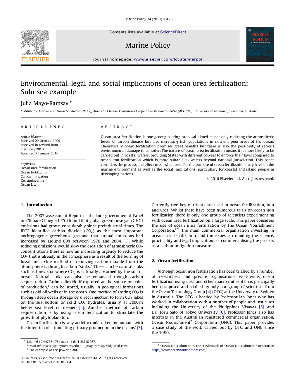 Environmental, legal and social implications of ocean urea fertilization: Sulu sea example